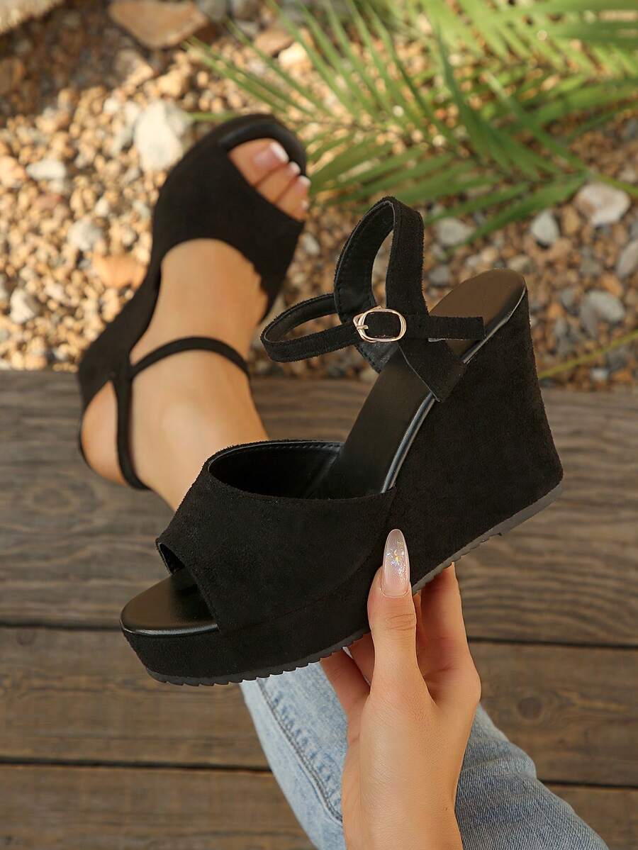 Simple Elegant Black Wedge Sandals For Women, Suede Strap With Metal Buckle Design, Casual Platform Sandals For Petite - 黑色 - 查看 1