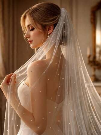 1pc 3 Meter Long Pearl Bridal Veil, Simple & Elegant Wedding Dress Accessory For Cathedral Wedding