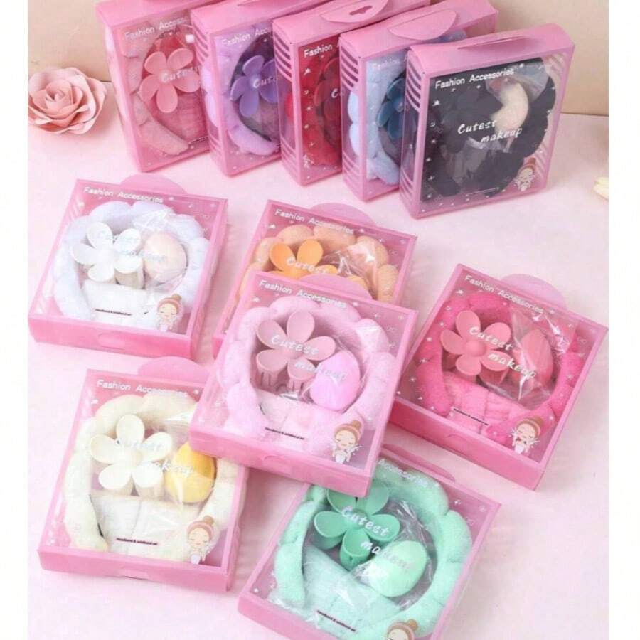 5 PCS/3PCS Girls Sponge Spa Headband Wristbands With Large Flower Hair Claw Clip Gift Set Hair Stuff Hair Accessories Set With Delicate Box For Party Gifts And Daily Use - 彩色 - 查看 1