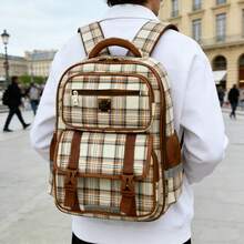 Large Travel Backpack, Business Laptop Backpack, Suitable For High School Students, Travel, School, Commute And Computer Use. New Fashion Large Capacity High-End Korean Style Casual Simple Lightweight Versatile Canvas Plaid Adjustable Shoulder Strap Shoulder Bag Handbag Tote Bag Backpack For Travel, Shopping, Dating Holiday , Vintage - Multicolor - View 6