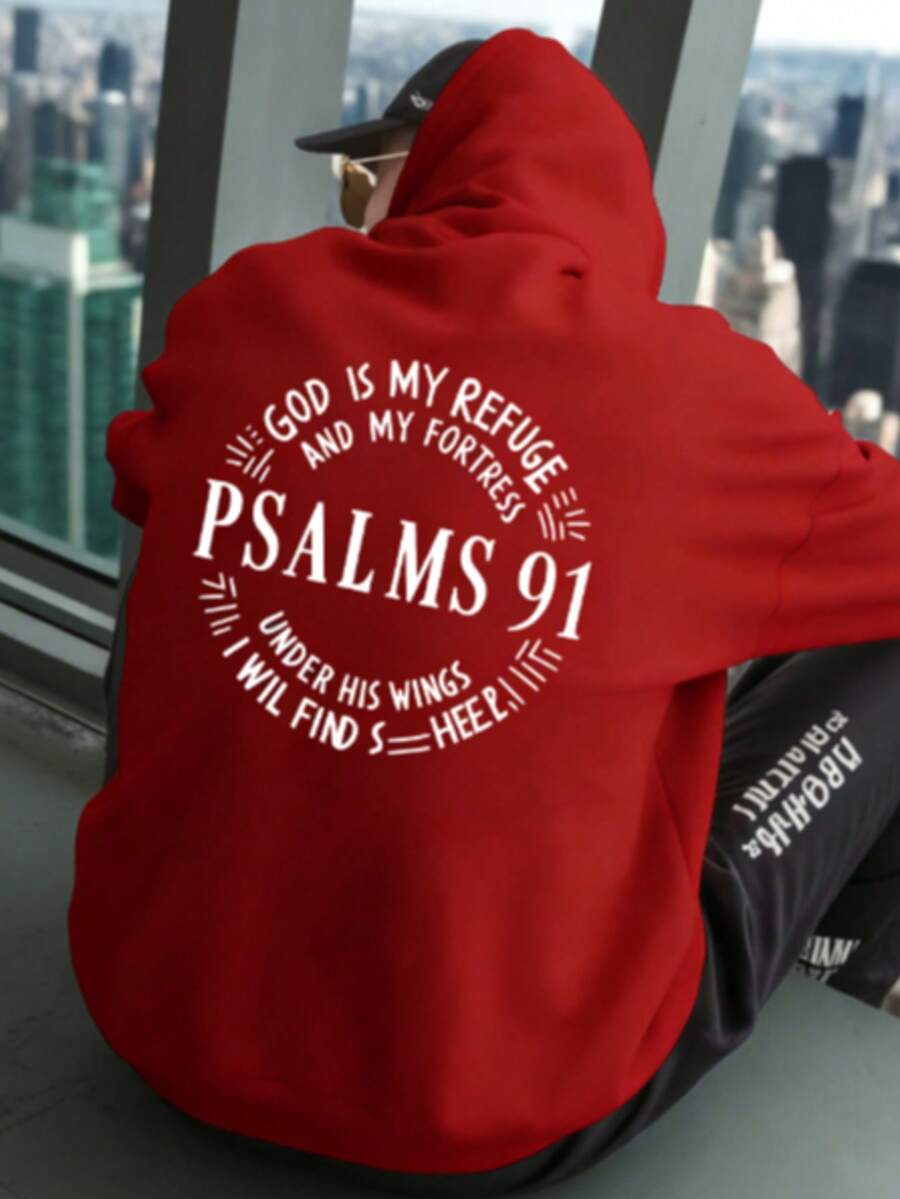 Men's Christian Bible Verse Hoodie - Psalm 91 Print,  And English Verses, Soft Fleece Fabric Loose Street Style Pullover, Church Religious Gift, Winter Warmth (Large Size) Psalm 91:1-16 Design, Plus Size, Plus Size Men's Clothing, Men's Plus Size Hoodie, Men's Hoodie, Men's Hoodie, Men's Plus Size Hoodie, Halloween Plus Size Hoodie - White And Navy Off-The-Shoulder Cropped Top - Unisex - 紅色 - 查看 1