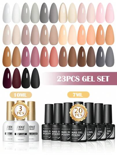 peacecolor 23PCS Soak-Off Gel Polish And 10ML Base Top Coat Set, Nude Brown Pink Winter Colors UV Gel Nail Polish Long Lasting Manicure Supplies, For Women DIY Salon Gifts