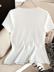 Women's Casual Simple Daily Commute Street Style Versatile Young Fashion Round Neck Straight Shoulder Metal Button White Slim Fit Short Sleeve Cardigan Top, Spring Summer - White - View 2