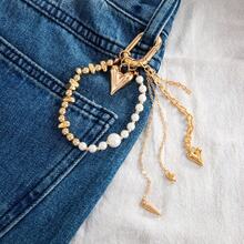 1pc Women's New Ins-Style Faux Pearl & Sequin Heart Pendant Keychain, Fashionable Unique Bag Charm - Multicolor - View 3