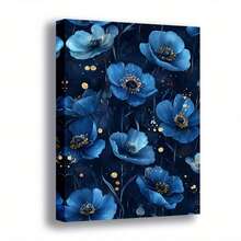 1pc, Blue Poppy Floral Canvas Wall Art Dark Navy Flower Print Elegant Gold Accents Modern Botanical Decor Large Stretched Framed Artwork For Living Room Bedroom Dining Office Sophisticated Nature Painting Home Decoration Gift - 彩色 - 查看 1
