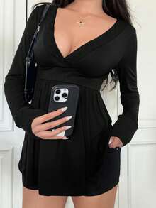 Áo kiểu mặc nhà phong cách đường phố Y2K cho nữ, cổ chữ V, tay dài ôm sát eo, màu đen, thích hợp cho mùa xuân. - màu đen - Xem 11