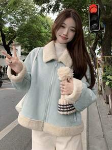 韩版仿毛领绒面革羊毛夹克女款拉链开合加厚保暖内衬外套秋冬