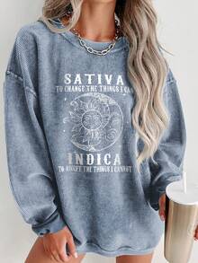 Valentine Outfits For Women, Sativa To Change The Things I Can & Indica To Accept The Things I Cannot Graphic Sweatshirt, Long Sleeve Top, Y2K, Casual Everyday Style, Essentials Hoodie - 藍色 - 查看 7