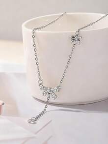 1pc Elegant & Unique Butterfly Shaped Pendant Necklace With Rhinestone & Zirconia Decoration For Women, Suitable For Daily Wear - Silver - View 6