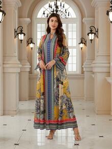 Elegant Women's Notched Neck Long Sleeve Bohemian Print Dress, Made Of Soft Fabric, Showcasing A Vibrant Bohemian Style - BX07 - View 5