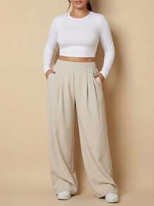 Whisplicity Stylish Plus Size Woven Fabric Wide Leg Pants Long With Pockets Non-Stretch For Everyday Wear - Apricot - View 2