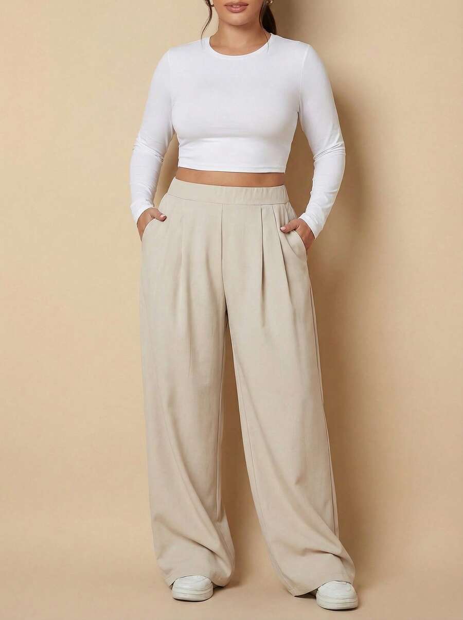 Whisplicity Stylish Plus Size Woven Fabric Wide Leg Pants Long With Pockets Non-Stretch For Everyday Wear