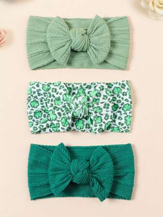 3条/包 绿色幸运草印花蝴蝶结婴儿发带，超柔软多色婴儿囟门保护发带，适合全年使用