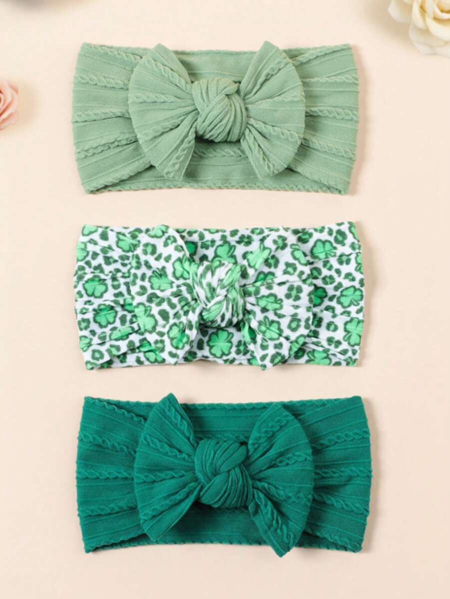 3条/套 绿色幸运草印花蝴蝶结婴儿发带，超柔软宽大，适合保护囟门、拍照、送礼、休闲、居家、度假、运动、复古、优雅、可爱、学院风等场合。 - 彩色 - 查看 1