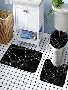 1pc/4pcs Black Marble Texture Pattern Spring Bathroom Set, Bathroom Curtains, Digital Print Polyester Shower Curtain, No Drilling Bathroom Divider Curtain - Multicolor - View 9