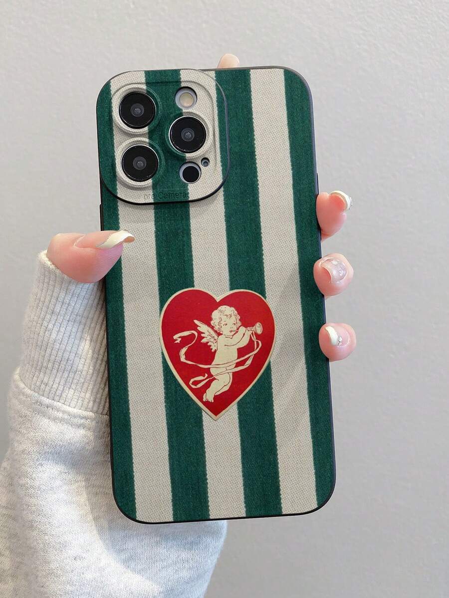 New Striped Cupid Pattern Phone Case, Anti-Fall Anti-Scratch Anti-Fingerprint Black TPU Soft Shell, Camera Lens Protection Compatible With Samsung, Apple, Redmi, OPPO, VIVO Protective Cover - Black - View 1