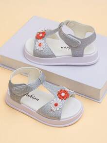 女童夏季凉鞋，软底轻便，花卉图案，可调节绑带 - 銀色 - 查看 1