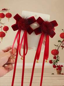 2pcs Girls' Red Furball Bow Bell Decor Ribbon Cute Versatile Festive Children Hair Clips For Ponytail, Suitable For Holidays And New Year - Hairpin - View 11