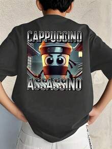 Camiseta de manga corta informal con estampado de letras y dibujos animados para niños preadolescentes, verano - Gris Oscuro - Ver 1