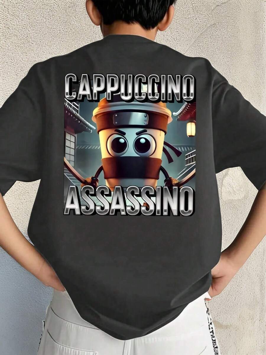 Camiseta de manga corta informal con estampado de letras y dibujos animados para niños preadolescentes, verano - Gris Oscuro - Ver 1