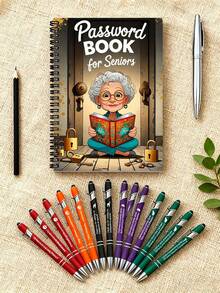 6本卡通螺旋密码本，专为老年人设计 - 70页锁形图案笔记本，印有老年人卡通形象，密码和登录信息管理工具，适用于互联网、电脑、家庭或办公室使用，高级安全工具，趣味封面设计，安全主题，笔记本/日记本（含5支笔）