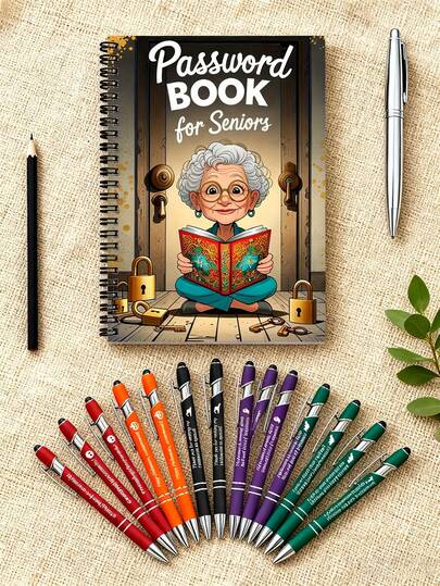 6 st tecknad spirallösenordsbok för äldre - 70 sidors anteckningsbok med låsdesign och äldre karaktärsteckning, lösenords- och inloggningsorganisatör för internet, dator, hem- eller kontorsbruk, avancerat säkerhetsverktyg, rolig omslagsbild, säkerhetstemadesign, anteckningsbok, dagbok (anteckningsbok + 5 pennor)