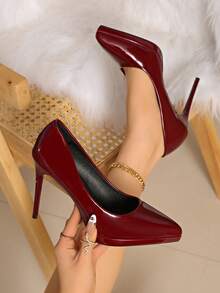 12cm/13cm/10cm Super High Heel Pointed Toe Chunky Heel Sexy Patent Leather Low Vamp Pumps, White/Nude - Burgundy - View 1