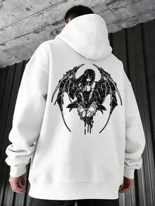 Stylish White Hooded Sweatshirt For Men - Front Pocket And Unique Back Graphic Design Featuring Gothic Anime Inspired Figure With Wings, Casual Fit, Perfect For Everyday Wear, Versatile Style For All Seasons - White - View 2
