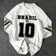 Men's Casual T-Shirt With "BRAZIL" Print And Number 10, Premium Cotton, World Cup Fan Edition, Brazilian Football Fashion - 白色 - 查看 2