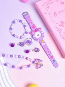 6pcs/Set 2026 New Soft Silicone Strap Watch, Creative Butterfly Pattern Quartz Wristwatch, Butterfly Necklace Bracelet Earrings Ring Jewelry Set, Gift For Girls - Purple - View 8