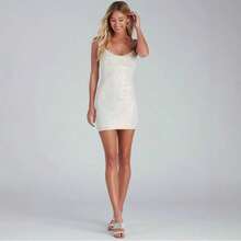 Summer Bead Sexy Suspender Retro Sequined Dress Retro Evening Dress Short - trắng - Xem 2