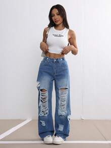 Fashionable High Street Ripped Blue Jeans For Women, Adjustable Waist Design, Casual Street Style Loose Fit Straight Leg Denim Pants, Suitable For Spring & Summer - Blue - View 10