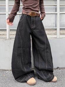 1件装 女士日系街头风复古拼接筒状牛仔裤，宽松阔腿裤，舒适百搭的高街牛仔裤（不含腰带/配饰）休闲黑色春季款 - 黑色 - 查看 3