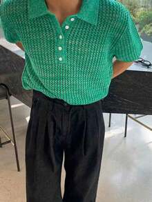 Men's Solid Color Hollow Polo Collar Short Sleeve Knit Sweater, Casual & Versatile, Spring/Summer - Green - View 4