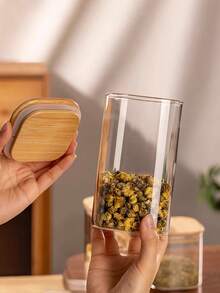 1个方形咖啡豆储存瓶创意密封玻璃瓶竹盖储粮罐食品谷物容器罐 - 無色 - 查看 2