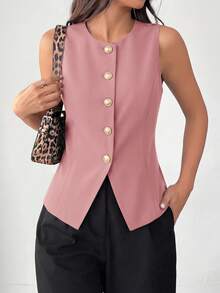 Women Summer Elegant Sleeveless Front Button Round Neck Blazer Casual Old Money Business Work Office Vest Dressy Tops Outfits - Hồng - Xem 4