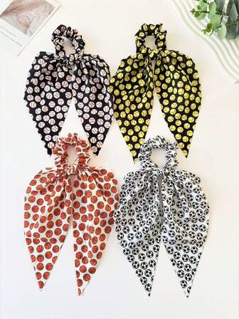 4条装女士休闲时尚运动元素丝带发圈，印有黄色网球、黑白足球和篮球图案，时尚动感，可用于发型装饰，适合运动、休闲等多种场合，为您的造型增添活力和个性，尽显波西米亚优雅风情。