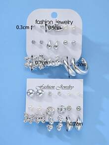 36pcs/18pairs Fashion Minimalist Luxury Design Sense Simplistic Vintage Inspired Heart, Flower, Butterfly, Water Drop Rhinestone & Faux Pearl Stud Earrings Set, Everyday Wear, Birthday & Valentine's Day Gift For Girlfriend, Mom (No Box) - Silver - View 10