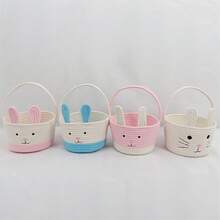 Easter Bunny Basket Cute Contrast Color Rope Easter Bucket Tote With Long Handle For Home Party School - 粉色 - 查看 7