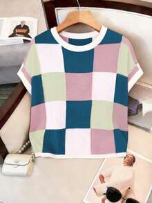 Plus Size Women Colorful Plaid Round Neck Casual Aran Knit Sweater Pullover - Dark Blue - View 1