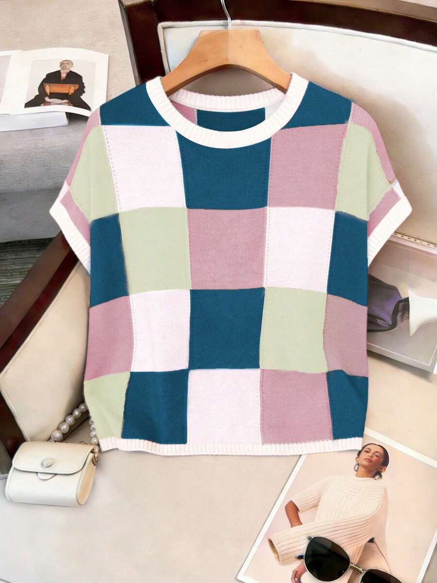 Plus Size Women Colorful Plaid Round Neck Casual Aran Knit Sweater Pullover - Dark Blue - View 1