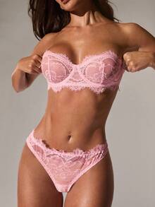 SHEIN BAE 2件套女士蕾丝时尚紧身胸衣性感文胸和内裤内衣套装 - 粉色 - 查看 6
