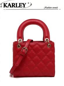 1pc PU Leather Bag, Burgundy, Versatile Quilted Glossy Handbag, Structured Small Bag, Shoulder & Crossbody Bag, Geometric Pattern