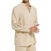 男士宽松亚麻中世纪哥特式文艺复兴海盗雇佣兵长袖衬衫 - 米色 - 查看 7
