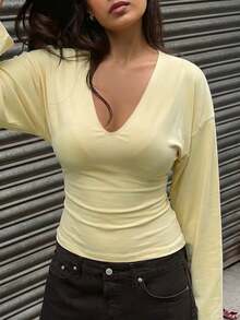 Women's Solid Color Sexy Elegant Deep V-Neck Long Flare Sleeve T-Shirt, Versatile For Spring/Summer - Light Yellow - View 3