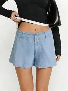 Women Loose Fit Denim Shorts Elegant Double Button Closure Summer Mini Shorts For Beach Daily Wear - Màu xanh nhạt - Xem 6