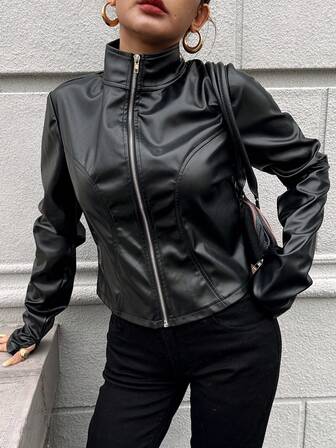 Women's Slim Fit Stand Collar Faux Leather Jacket, Sporty Zipper Outerwear With Thumb Hole Cuffs, Casual Daily Wear