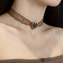 Brown, Lace, Vintage Choker Necklace, Women's, Retro Pearl, Heart Pendant, Clavicle Chain, Versatile Everyday Necklace. - 黑色花項圈32+7cm - 查看 3