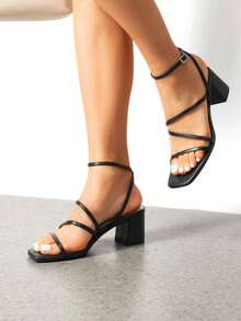 Womens Block Heels Thin Strap Square Open Toe Dressy Chunky Low Heeled Sandals For Party Wedding Evening - 黑色 - 查看 2