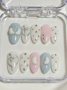 10片中长椭圆形美甲贴纸 | 可爱Y2K风格 | 粉蓝3D云朵、星星、爱心图案假指甲 | 可重复使用全覆盖人造指甲套装，含果冻胶和指甲锉 | 甜美沙龙级美甲，适合女性日常/派对美甲用品，手工制作按压式美甲 - Follow Your Heart - 查看 1